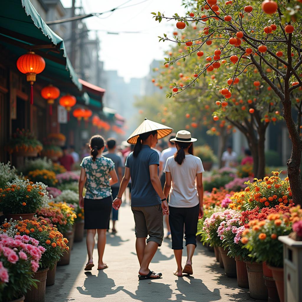 Không khí Chợ Hoa Cây Cảnh Vạn Phúc Hà Đông sôi động dịp Tết Nguyên Đán, bán đào, quất, mai